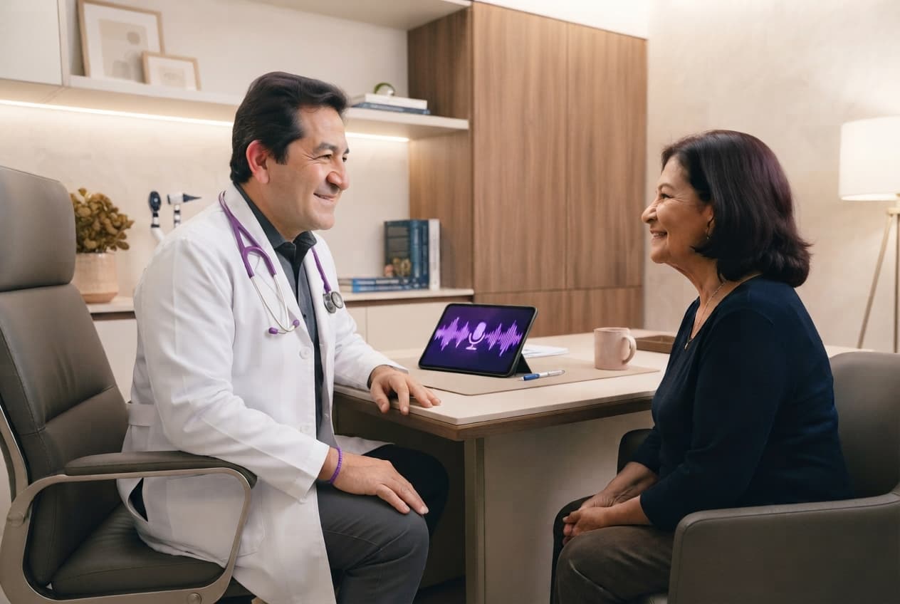 Médico conversando de frente con su paciente, sin teclado de por medio