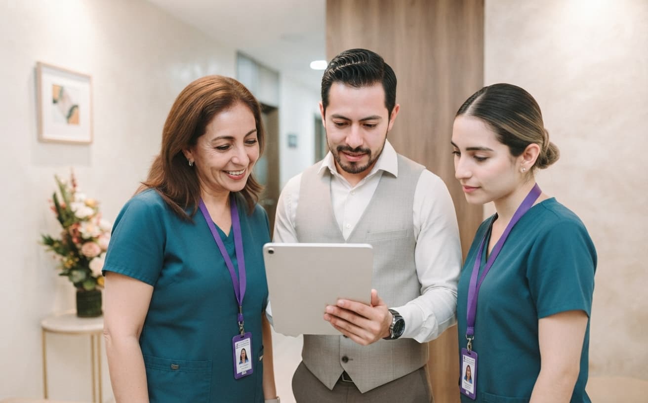 Equipo de una clínica en México revisando el expediente compartido en una tablet