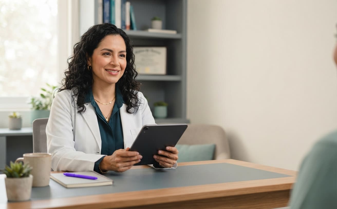 Médica en su consultorio revisando el expediente clínico electrónico en una tablet